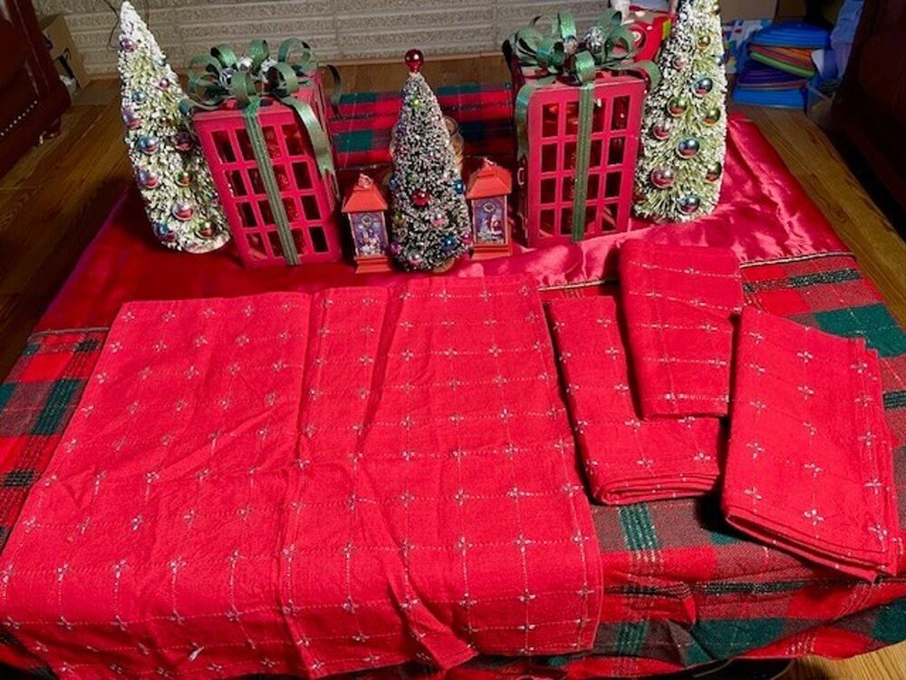 Napkin Set of 4 Cynthia Rowley Red with Silver Cloth Holiday 19" X 19"